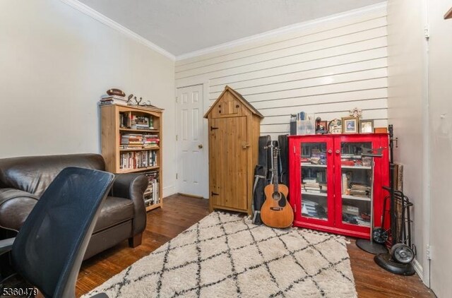 44 Main St, Califon Boro, NJ 07830 - sitting room featuring crown molding, wood finished floors, and wooden walls