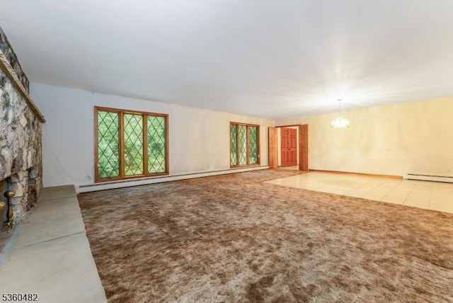 125 Free Union Rd, Liberty Twp, NJ 07823 - unfurnished living room featuring a baseboard radiator, carpet floors, and a chandelier