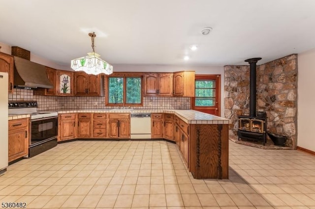 125 Free Union Rd, Liberty Twp, NJ 07823 - kitchen with range with electric cooktop, dishwasher, a peninsula, wall chimney range hood, and decorative backsplash