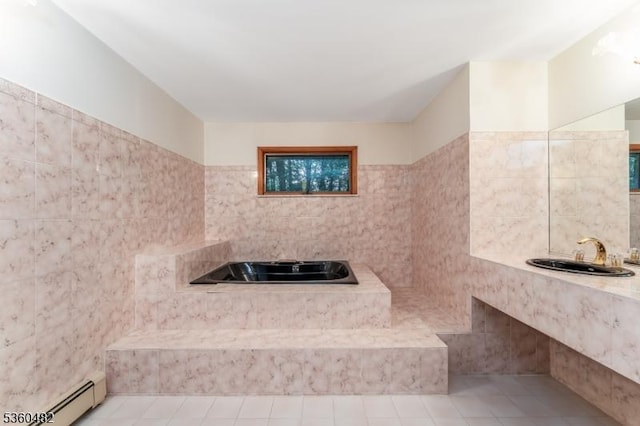 125 Free Union Rd, Liberty Twp, NJ 07823 - bathroom with tile walls, a bath, baseboard heating, and tile patterned flooring