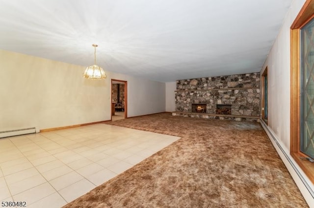 125 Free Union Rd, Liberty Twp, NJ 07823 - unfurnished living room with a chandelier, baseboard heating, and a stone fireplace