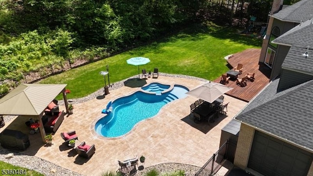 95 Underrock Rd, Sparta Twp, NJ 07871 - view of pool featuring a deck, a yard, outdoor dining space, and a pool with connected hot tub