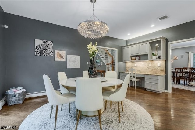 95 Underrock Rd, Sparta Twp, NJ 07871 - dining area featuring dark wood-style flooring, stairway, a chandelier, baseboards, and recessed lighting