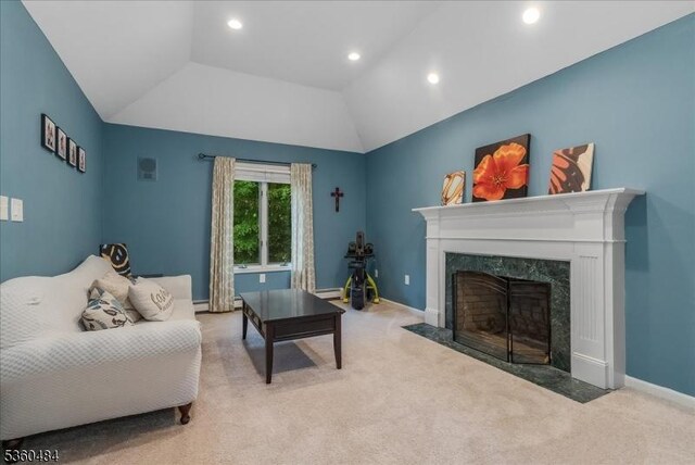 95 Underrock Rd, Sparta Twp, NJ 07871 - carpeted living room with vaulted ceiling, a premium fireplace, baseboards, and recessed lighting