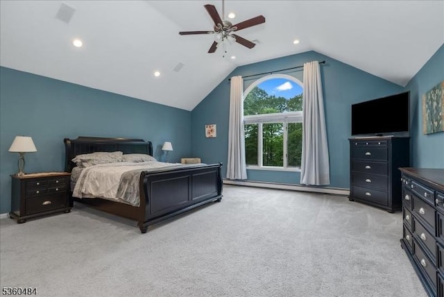 95 Underrock Rd, Sparta Twp, NJ 07871 - carpeted bedroom with vaulted ceiling, a baseboard radiator, recessed lighting, a ceiling fan, and baseboards