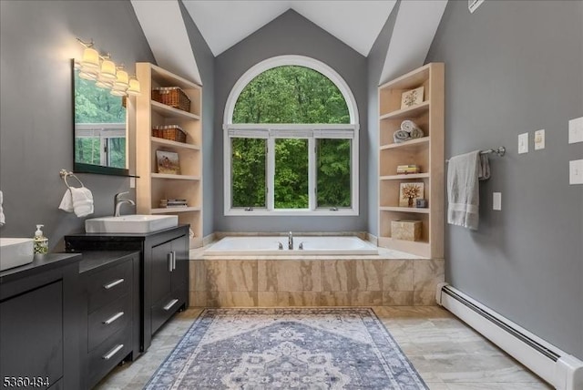 95 Underrock Rd, Sparta Twp, NJ 07871 - bathroom with a baseboard radiator, marble finish flooring, vanity, lofted ceiling, and a garden tub