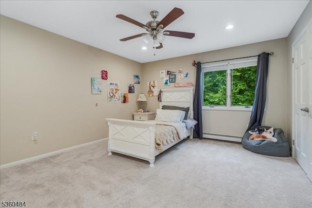 95 Underrock Rd, Sparta Twp, NJ 07871 - bedroom with light colored carpet, a baseboard radiator, baseboards, recessed lighting, and ceiling fan
