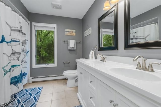 95 Underrock Rd, Sparta Twp, NJ 07871 - bathroom with baseboard heating, double vanity, tile patterned floors, and toilet