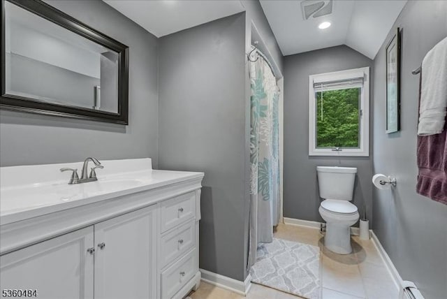 95 Underrock Rd, Sparta Twp, NJ 07871 - bathroom with vanity, toilet, baseboards, tile patterned floors, and lofted ceiling