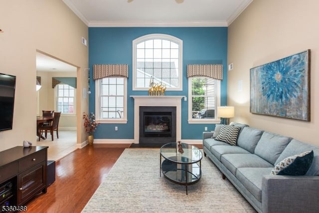 53 Patriots Way, Franklin Twp, NJ 08873 - living area featuring wood finished floors, crown molding, a fireplace with flush hearth, and baseboards