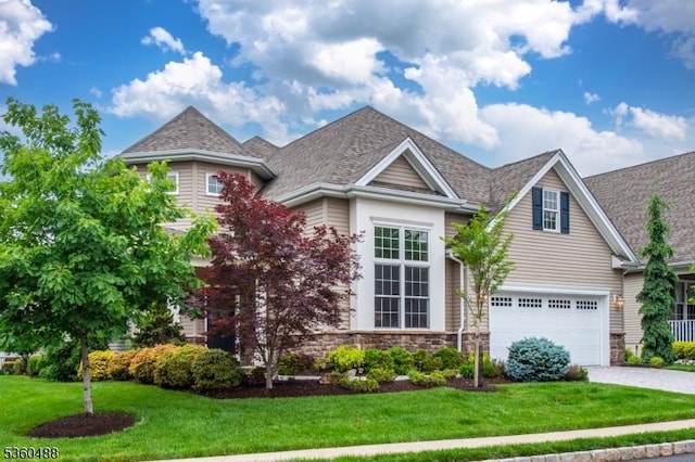 53 Patriots Way, Franklin Twp, NJ 08873 - traditional-style house with driveway, stone siding, a front lawn, and roof with shingles