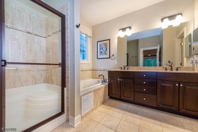 53 Patriots Way, Franklin Twp, NJ 08873 - bathroom featuring a garden tub, a shower stall, double vanity, and tile patterned floors