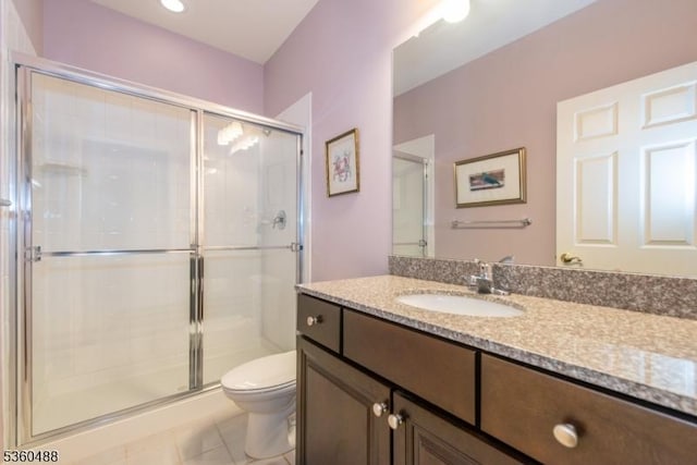 53 Patriots Way, Franklin Twp, NJ 08873 - bathroom with toilet, vanity, a stall shower, and tile patterned floors