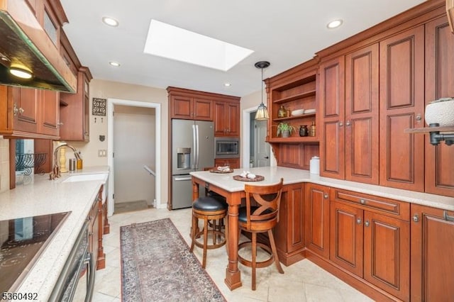 107 Shady Ln, Randolph Twp, NJ 07869 - kitchen featuring stainless steel appliances, a skylight, a sink, open shelves, and under cabinet range hood