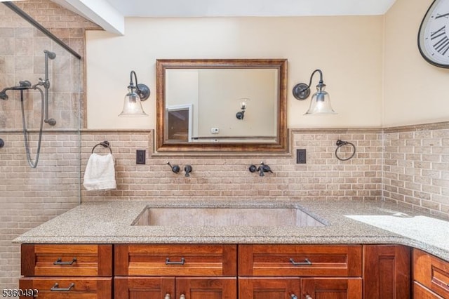 107 Shady Ln, Randolph Twp, NJ 07869 - full bathroom featuring double vanity, backsplash, and tiled shower