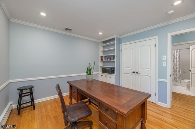 107 Shady Ln, Randolph Twp, NJ 07869 - office area featuring a baseboard radiator, light wood-style floors, crown molding, recessed lighting, and baseboards