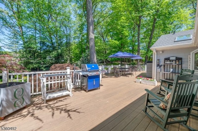 107 Shady Ln, Randolph Twp, NJ 07869 - wooden terrace featuring outdoor dining area and a grill