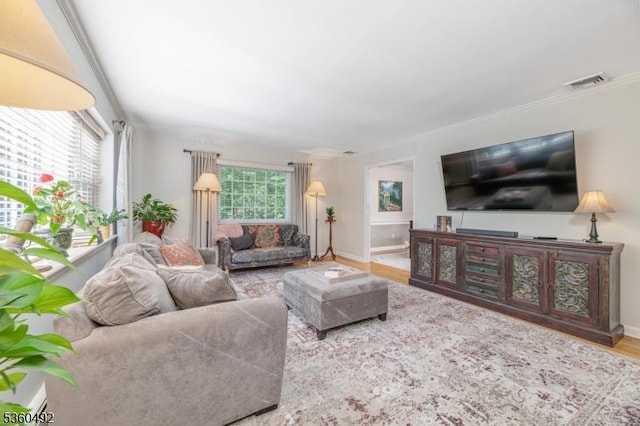 107 Shady Ln, Randolph Twp, NJ 07869 - living room with ornamental molding, baseboards, and wood finished floors