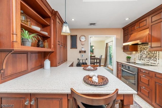 107 Shady Ln, Randolph Twp, NJ 07869 - kitchen featuring oven, under cabinet range hood, tasteful backsplash, open shelves, and a peninsula