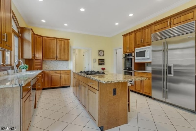 10 Beacon Hill Dr, Chester Twp, NJ 07930 - kitchen with built in appliances, a center island, a sink, light tile patterned flooring, and recessed lighting