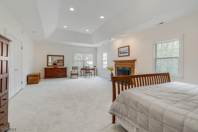 10 Beacon Hill Dr, Chester Twp, NJ 07930 - bedroom featuring recessed lighting, light colored carpet, a high end fireplace, and a raised ceiling