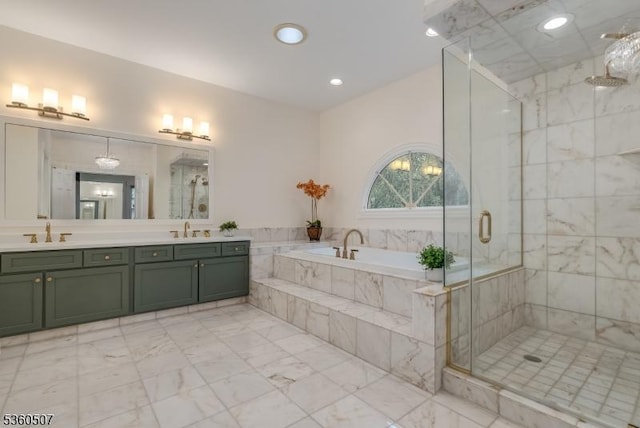 10 Beacon Hill Dr, Chester Twp, NJ 07930 - full bathroom featuring marble look tile flooring, a bath, double vanity, a shower stall, and recessed lighting