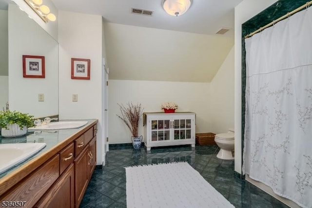 10 Beacon Hill Dr, Chester Twp, NJ 07930 - bathroom featuring toilet, double vanity, lofted ceiling, baseboards, and a shower with shower curtain
