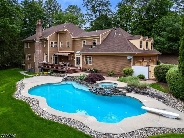 10 Beacon Hill Dr, Chester Twp, NJ 07930 - swimming pool with a deck, a yard, an in-ground hot tub, central AC unit, and a diving board