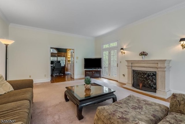 10 Beacon Hill Dr, Chester Twp, NJ 07930 - carpeted living room featuring crown molding, baseboards, and a fireplace with raised hearth