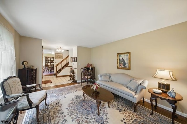 15 Fox Run, Parsippany-Troy Hills Twp, NJ 07834 - living area featuring stairs, wood finished floors, and baseboards