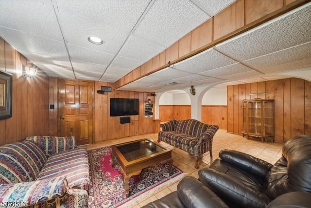 15 Fox Run, Parsippany-Troy Hills Twp, NJ 07834 - tiled living room with wooden walls and a drop ceiling