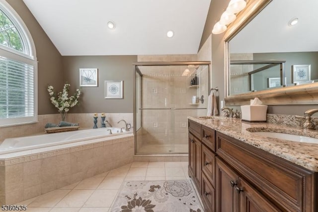 19 Britton Rd, Delaware Twp, NJ 08559 - bathroom with vaulted ceiling, double vanity, a bath, tile patterned flooring, and plenty of natural light