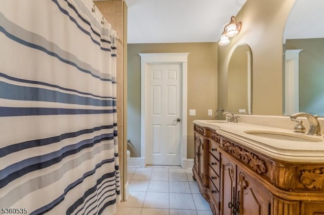 19 Britton Rd, Delaware Twp, NJ 08559 - bathroom with double vanity, tile patterned flooring, curtained shower, toilet, and baseboards