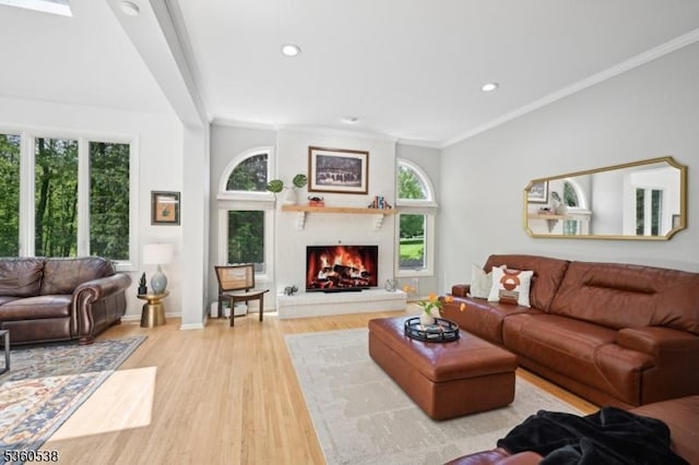 1 Colby Farm Rd, Chester Twp, NJ 07930 - living area featuring wood finished floors, a lit fireplace, ornamental molding, recessed lighting, and baseboards