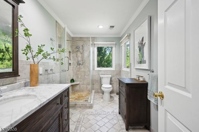 1 Colby Farm Rd, Chester Twp, NJ 07930 - full bath with tile walls, vanity, crown molding, a shower stall, and toilet
