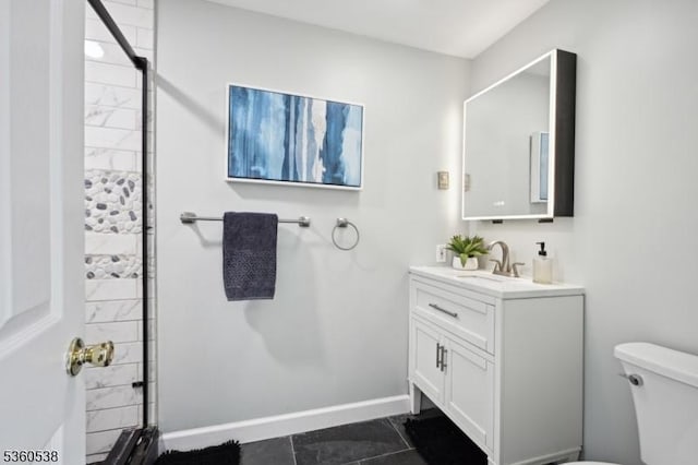 1 Colby Farm Rd, Chester Twp, NJ 07930 - bathroom with toilet, vanity, baseboards, and tiled shower