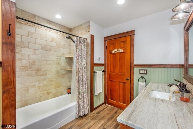 14 Lindberg Trl, Rockaway Twp, NJ 07866 - full bathroom with a wainscoted wall, shower / bath combo with shower curtain, wood finished floors, and vanity