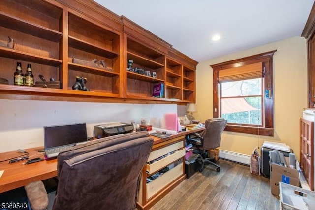 14 Lindberg Trl, Rockaway Twp, NJ 07866 - office space with built in desk, dark wood-style flooring, a baseboard heating unit, recessed lighting, and baseboards