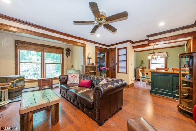 14 Lindberg Trl, Rockaway Twp, NJ 07866 - living room featuring ceiling fan, crown molding, wood finished floors, a chandelier, and recessed lighting