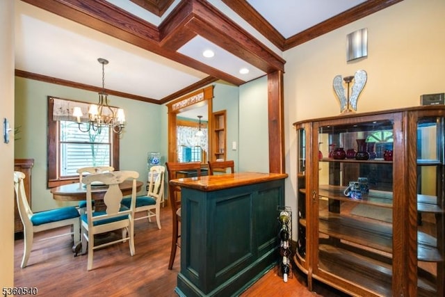 14 Lindberg Trl, Rockaway Twp, NJ 07866 - bar featuring ornamental molding, a chandelier, wood finished floors, decorative light fixtures, and recessed lighting
