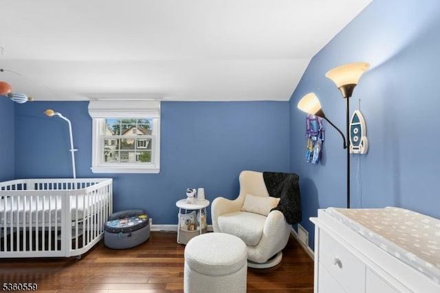 392 Park View Dr, Scotch Plains Twp, NJ 07076 - bedroom featuring wood finished floors, a nursery area, baseboards, and lofted ceiling