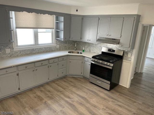 14 Nelson Pl, Maplewood Twp, NJ 07040 - kitchen featuring stainless steel gas range, under cabinet range hood, a sink, and decorative backsplash