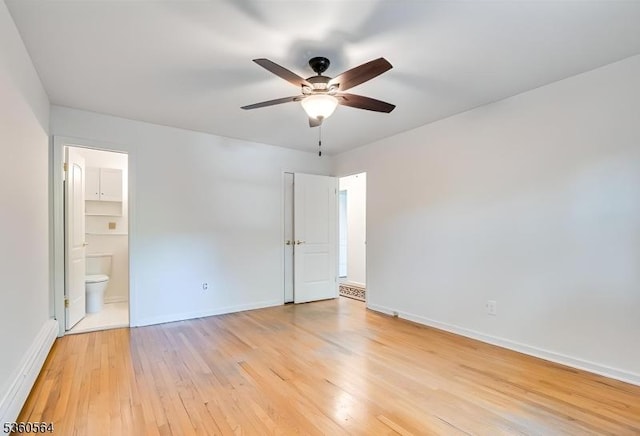 37 King George Rd, Warren Twp, NJ 07059 - unfurnished bedroom with light wood-type flooring, baseboards, ensuite bathroom, and a ceiling fan