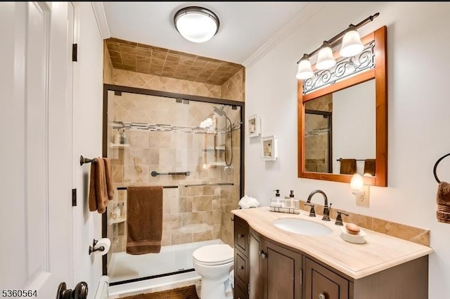 37 King George Rd, Warren Twp, NJ 07059 - bathroom featuring a shower stall, toilet, vanity, and crown molding