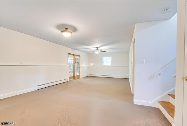 37 King George Rd, Warren Twp, NJ 07059 - carpeted spare room featuring a baseboard heating unit, a ceiling fan, baseboard heating, stairs, and a smoke detector