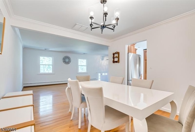 37 King George Rd, Warren Twp, NJ 07059 - dining area featuring a chandelier, light wood-style flooring, ornamental molding, and a baseboard heating unit