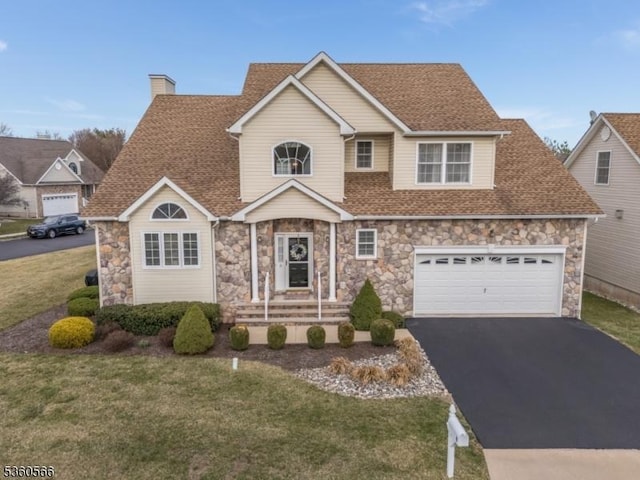 6 Apgar Ct, Raritan Twp, NJ 08822 - traditional-style home featuring stone siding, driveway, a front lawn, a chimney, and a shingled roof