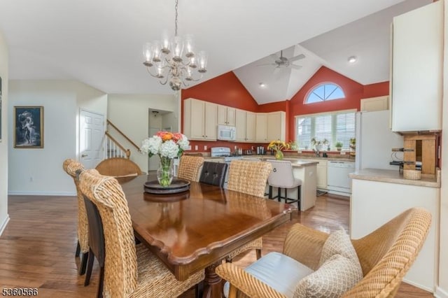 6 Apgar Ct, Raritan Twp, NJ 08822 - dining room with ceiling fan, vaulted ceiling, light wood-style floors, a chandelier, and baseboards