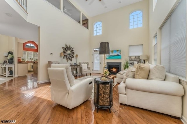 6 Apgar Ct, Raritan Twp, NJ 08822 - living area featuring a high ceiling, wood finished floors, a warm lit fireplace, and ceiling fan