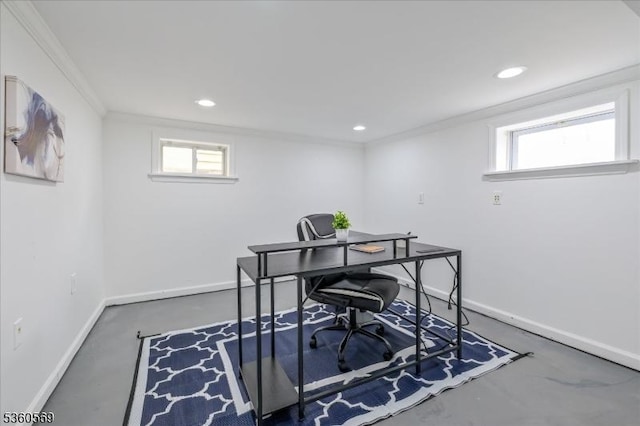 1036 Creger Ave, Union Twp, NJ 07083 - home office featuring crown molding, baseboards, recessed lighting, plenty of natural light, and concrete flooring